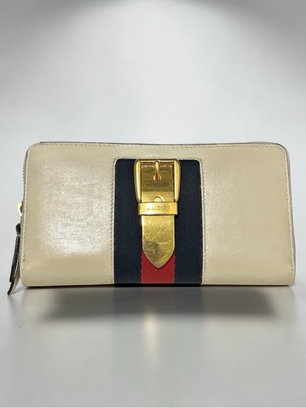 GUCCI Sylvie Web Accent Sherry Line Leather Accordion Zip Around Long Wallet
